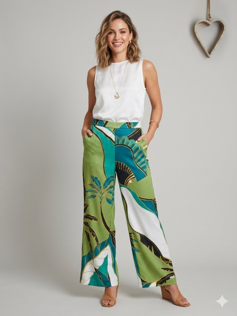 Elie Tahari Tropical Leaf Print Wide Leg Pants Green Elastic Waist Resort XS